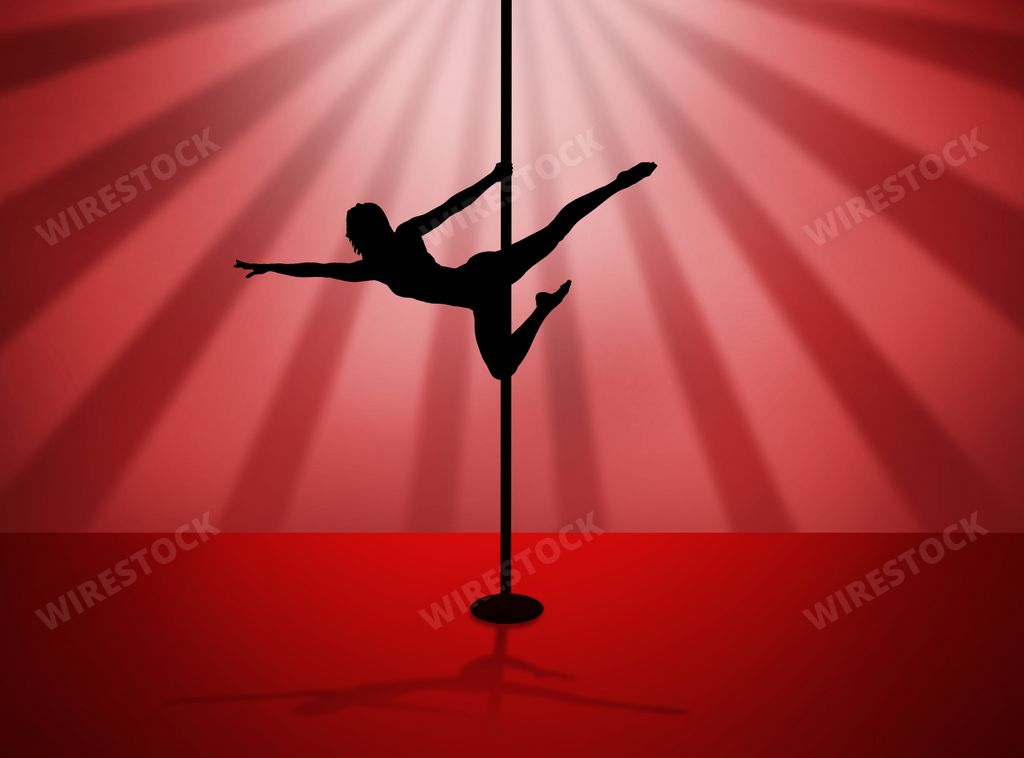 A silhouette of a stripper dancer on a pole on a red background