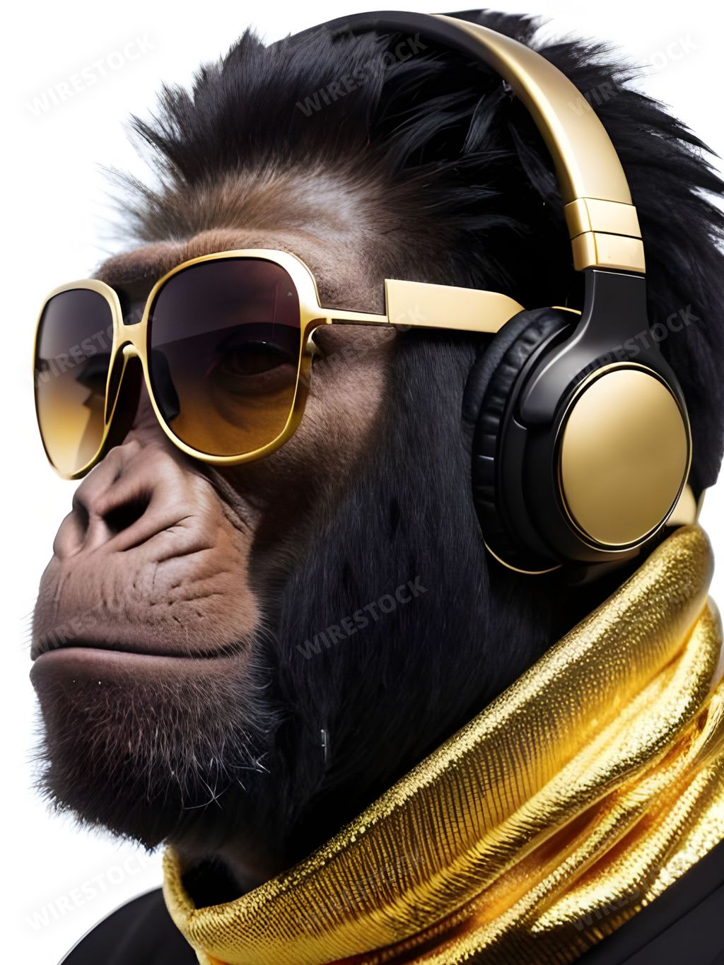 A close-up of a monkey wearing gold headphones, glasses with black lenses, and a gold scarf