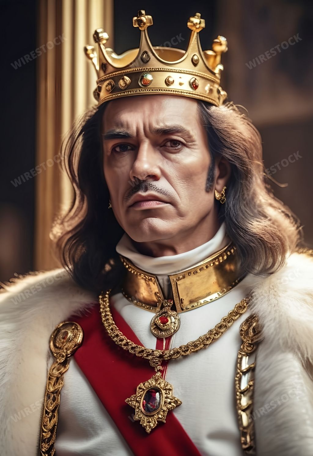 An AI-generated illustration of a portrait of a king with a gold crown