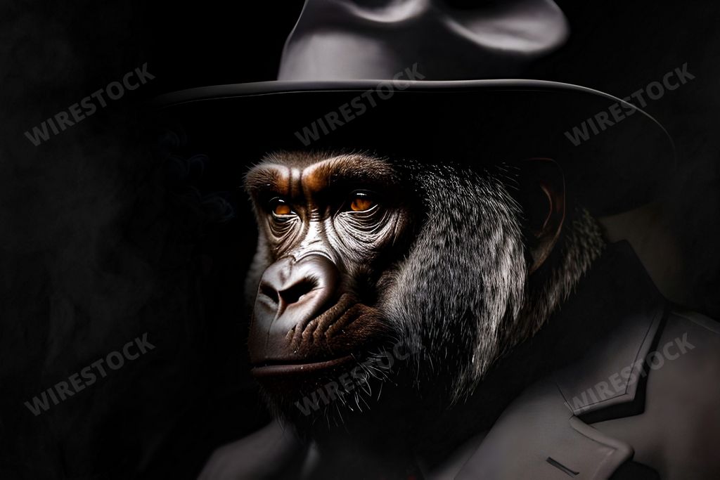 An AI generated illustration of a gorilla wearing a formal suit and a hat, against a black background
