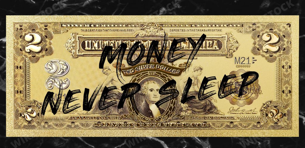 A banknote of two dollars with text " money never sleep " on isolated granite background
