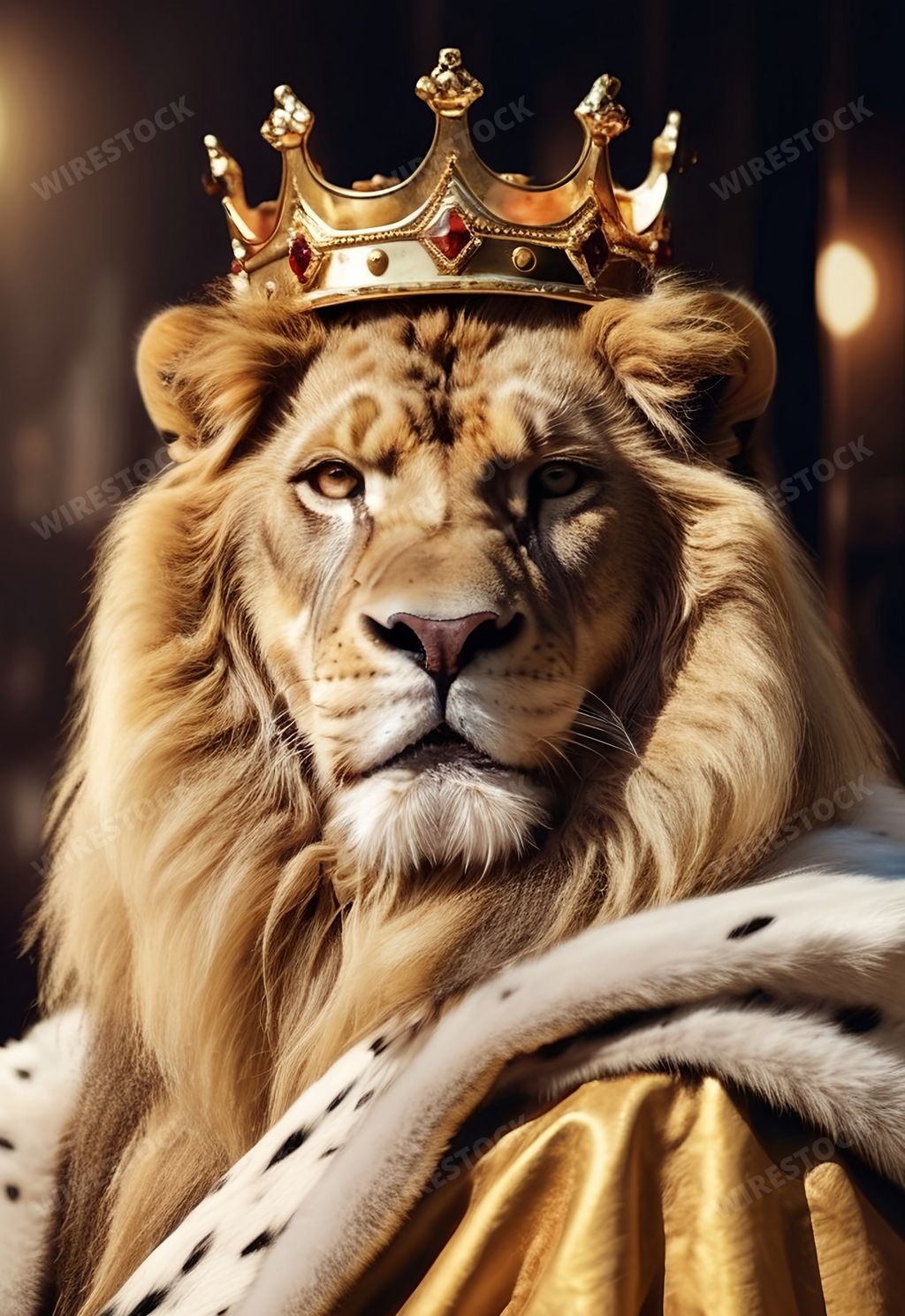 An AI generated illustration of A majestic lion with a beautiful golden crown atop its head, standing proudly on its hind legs with its front paws raised