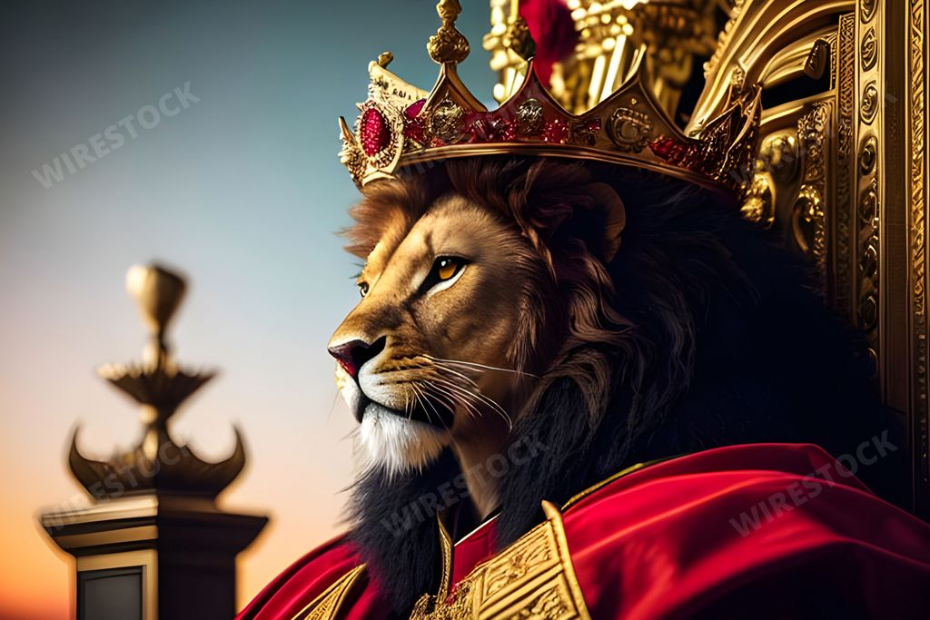 A distinguished man wearing a golden crown sitting atop a regal throne