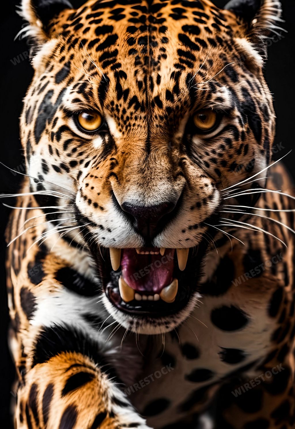 An AI generated illustration of a jaguar snarling and baring its teeth, appearing to be in a defensive posture