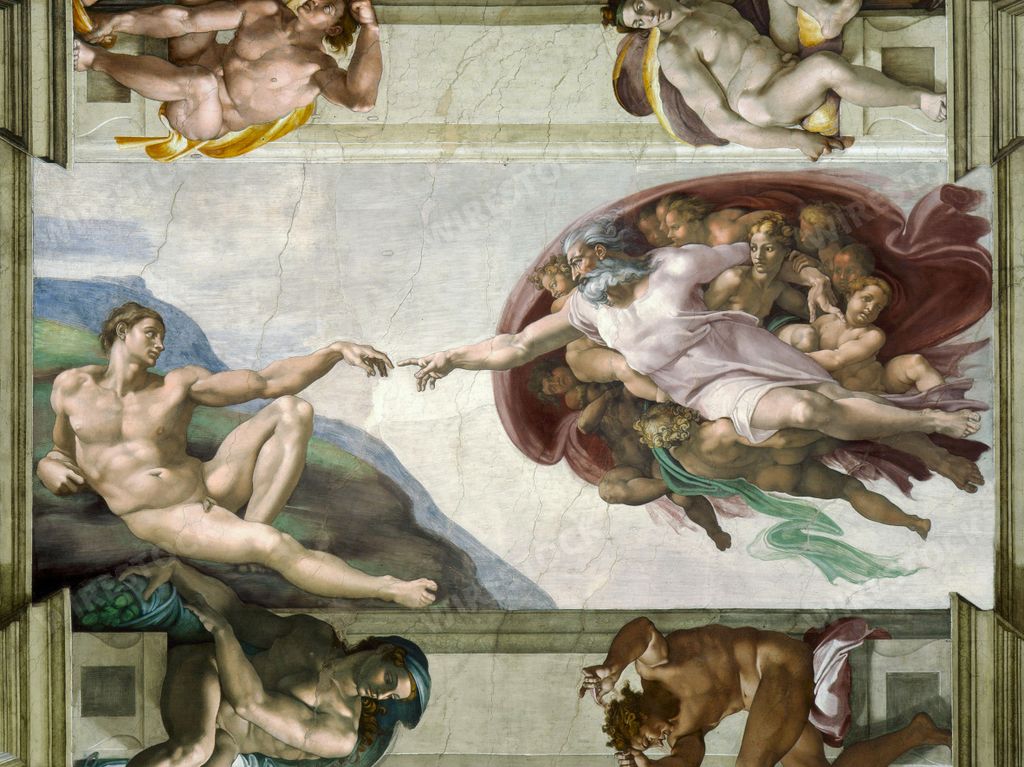 A painting of creation of Adam by Michelangelo at the Sistine chapel