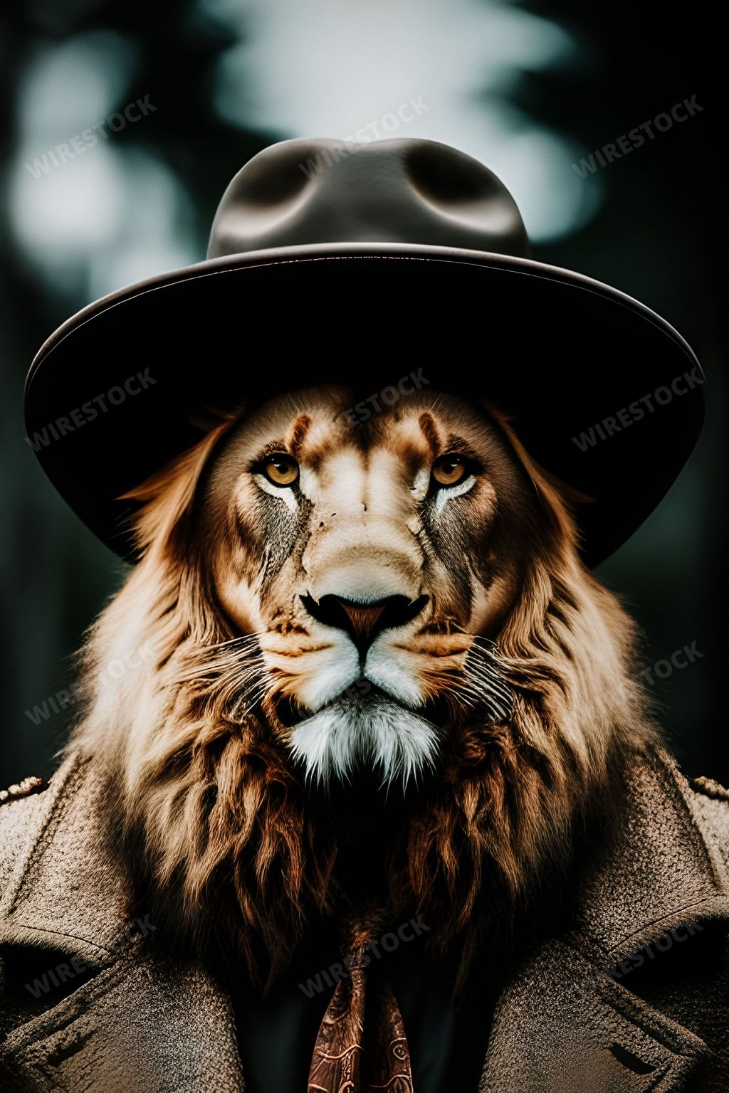 An AI generated illustration of a close-up of a male lion wearing a fedora hat and a tailored suit