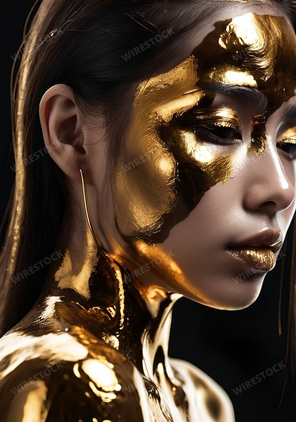 An AI generated illustration of Close-up of woman with shimmering gold makeup on her face, shoulders, and hair