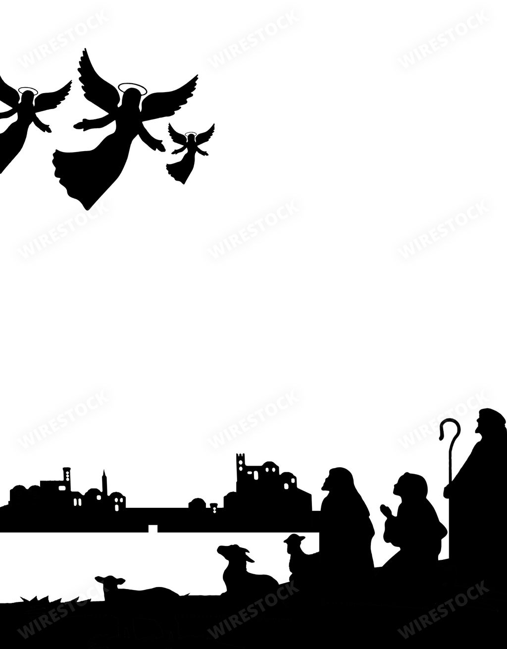 A silhouette of angels appearing to shepherds near Bethlehem