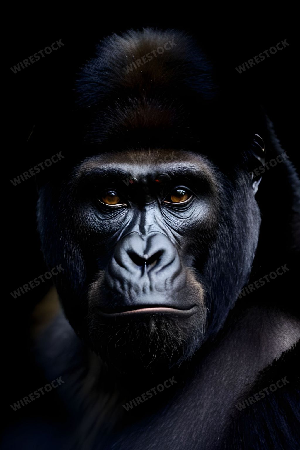 An AI generated illustration of a close-up of a large Gorilla in a dark setting