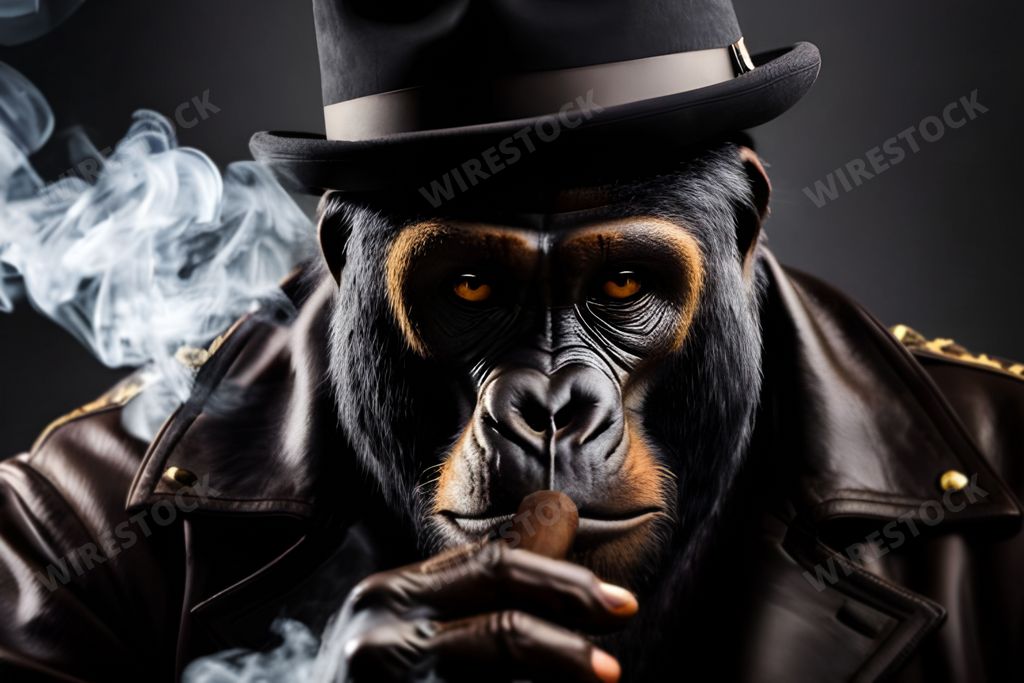 An AI generated illustration of a gorilla in a stylish hat and leather jacket smoking a cigar