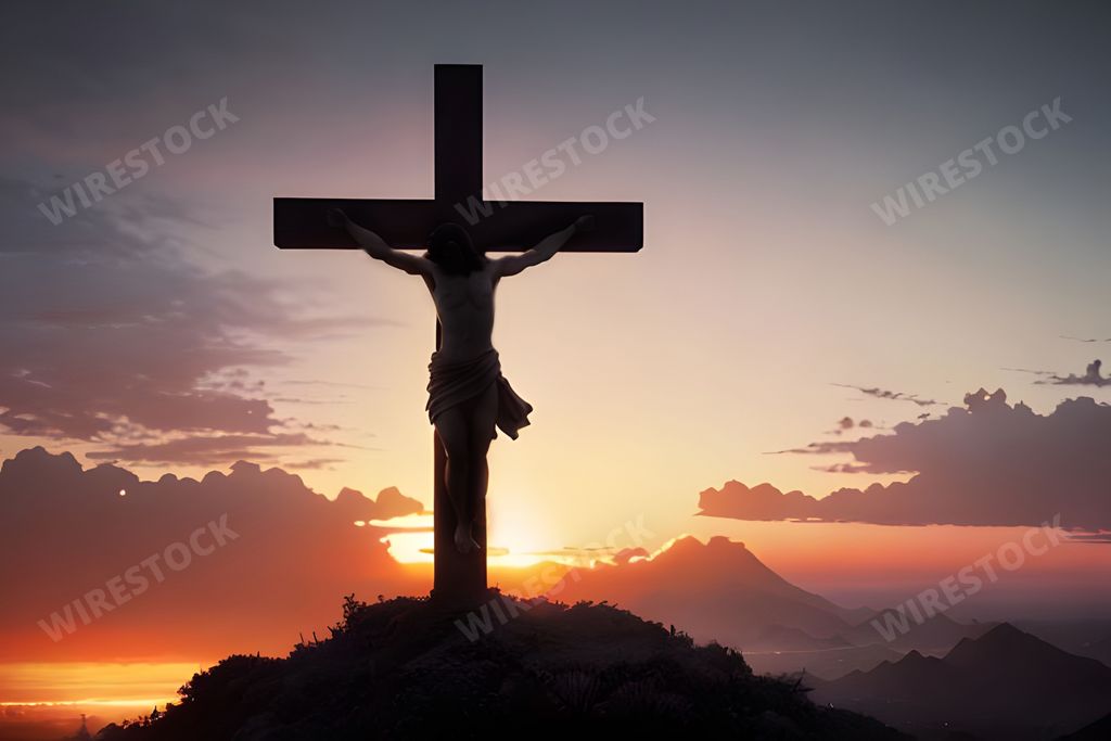 A high-resolution image of a silhouette of Jesus on a cross in the foreground of a beautiful setting sun with an orange-tinted sky in the background