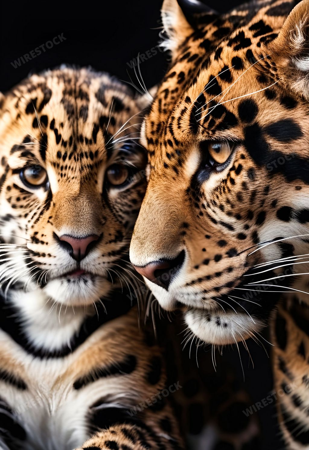 An AI generated illustration of two leopards embracing in a loving hug, lying on the ground in a peaceful setting