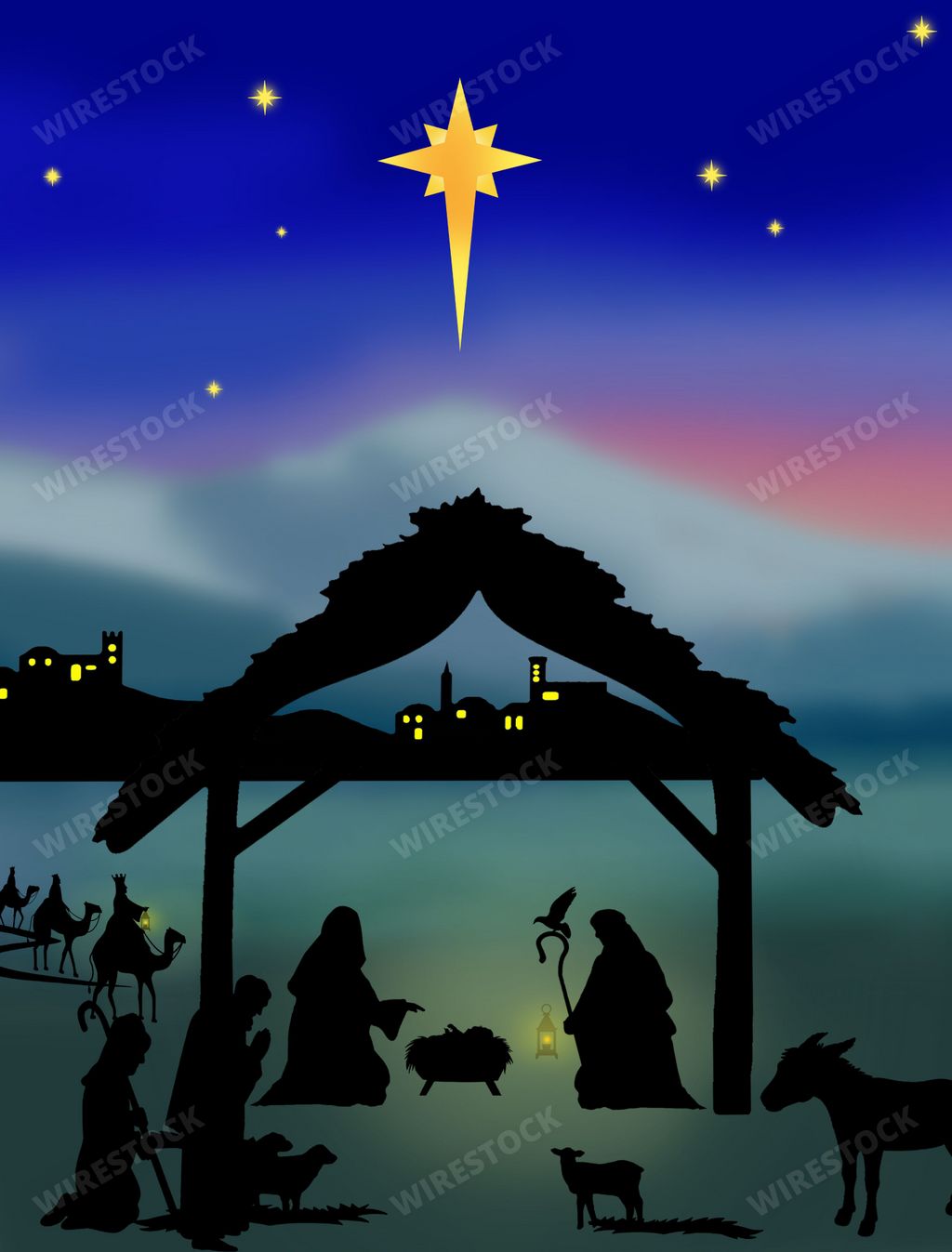 An illustration of the Nativity scene under the star of Bethlehem