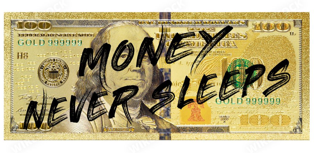 A panoramic illustration of a fake 100 dollars banknote with writting "money never sleeps"