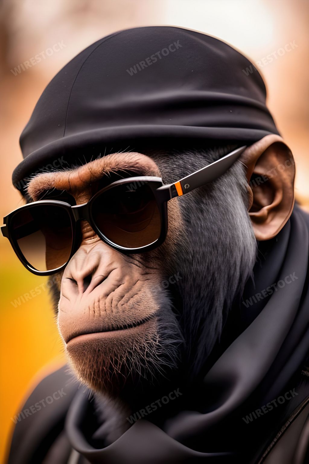 An AI generated illustration of a chimpanzee wearing a trendy hat, dark sunglasses, and a stylish jacket