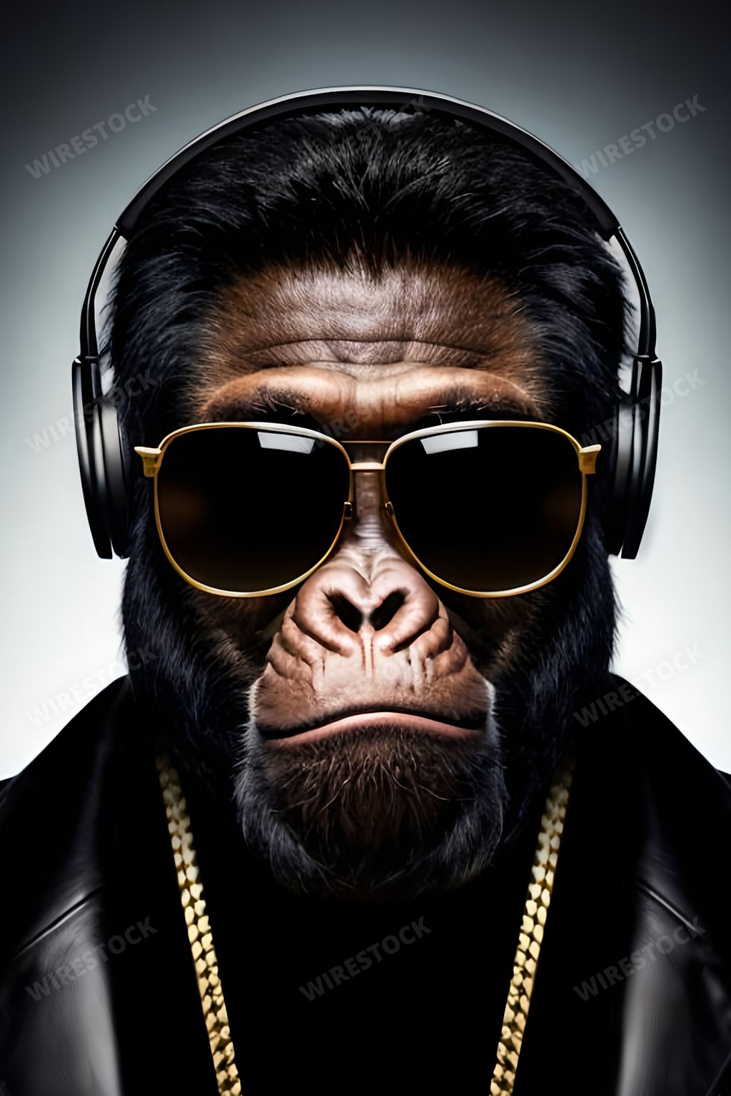 An AI generated illustration of A stock photo of a gorilla wearing headphones and sunglasses with a chain around their neck