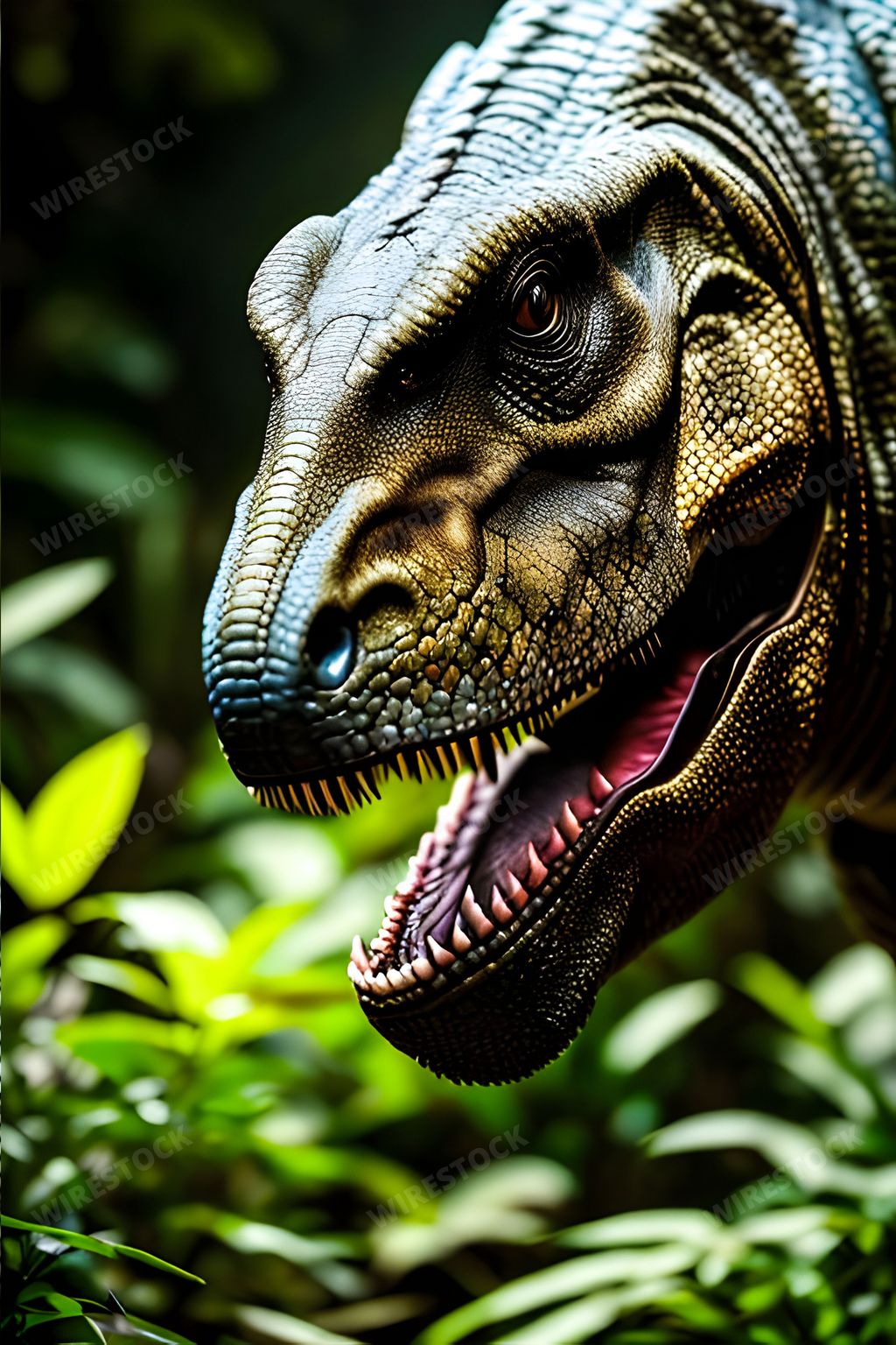 A vivid 3D illustration of a dinosaur head with its mouth open wide and facing upwards