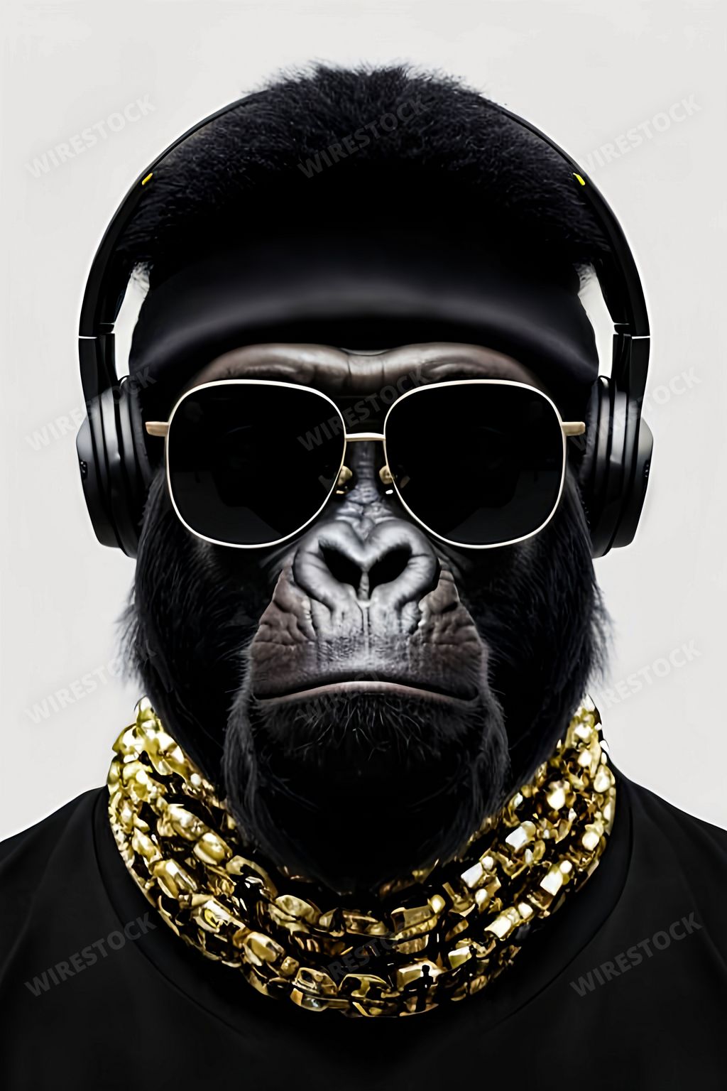 An AI generated illustration of a gorilla wearing headphones, sunglasses and gold chains