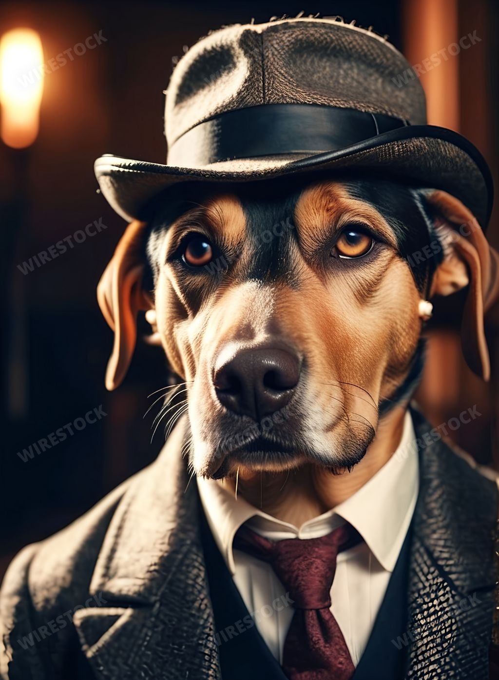An AI generated illustration of a brown dog wearing a suit and a hat in a dimly lit room