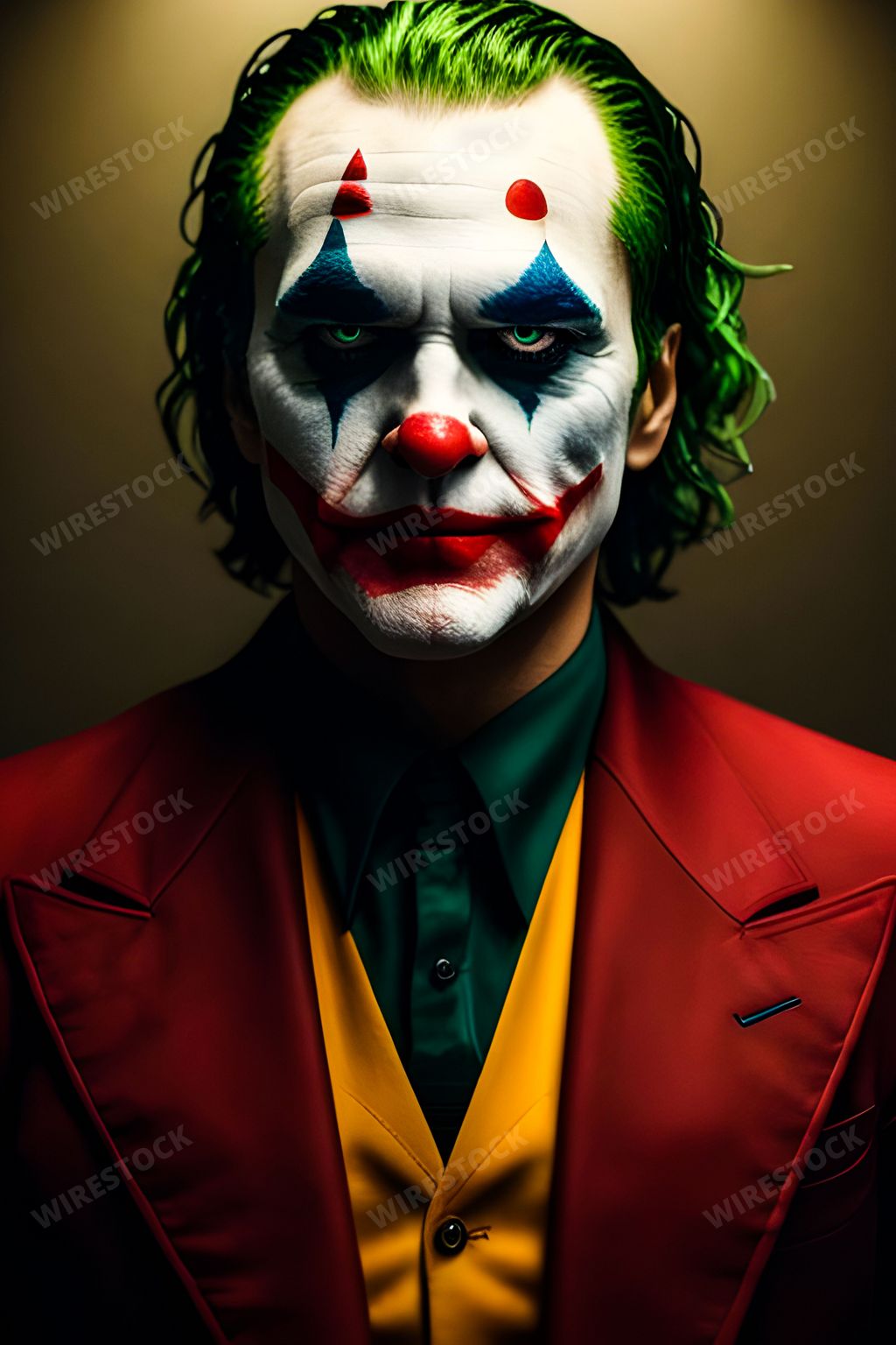 An AI generated illustration of This portrait features a male subject with green hair wearing a clown-inspired costume and make-up