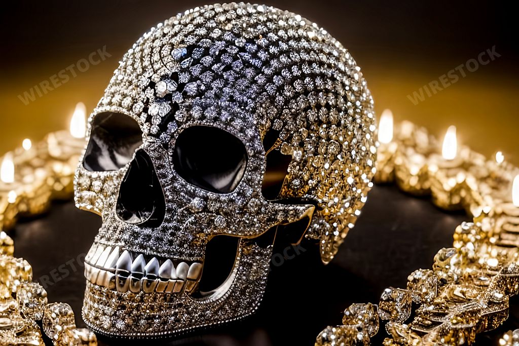 An AI generated illustration of a gold skull with dazzling crystal accents on dark background