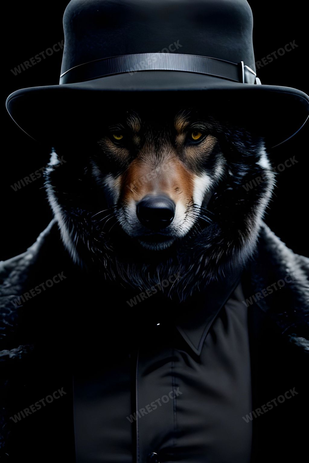 A handsome black bear wearing a sophisticated black suit and matching fedora hat, exuding confidence and style