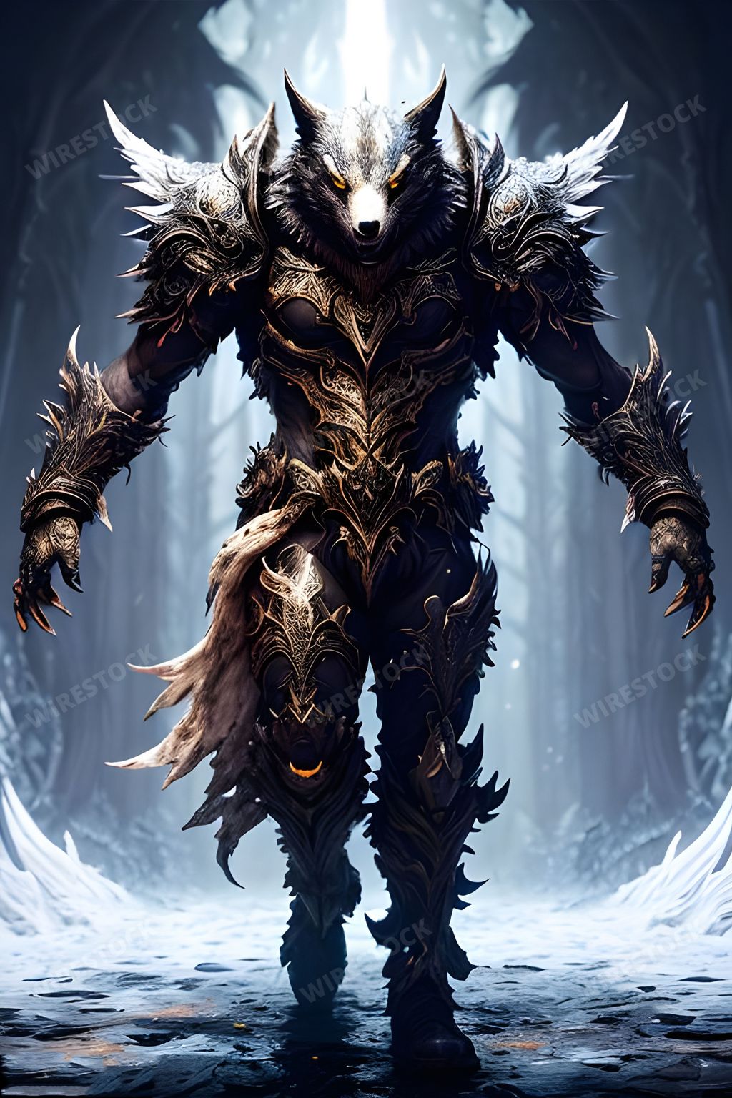 A mythical creature with two large, curved horns standing on a sheet of ice, illuminated by the light of the moon