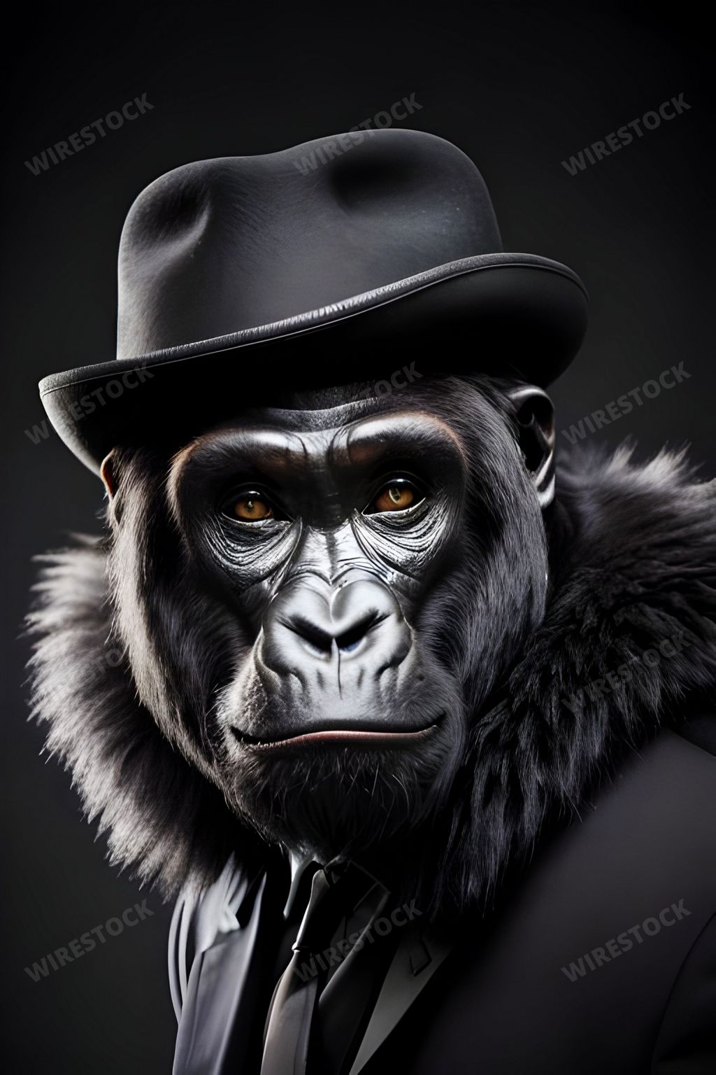 An AI generated illustration of the gorilla wearing a hat and coat