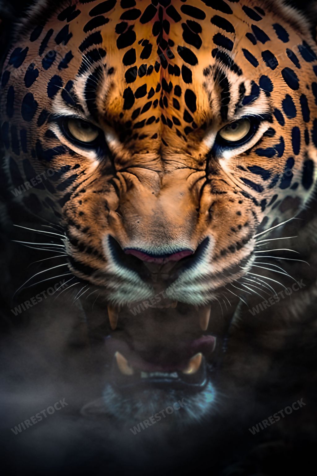 An AI generated illustration of A close-up of an African Leopard, standing in a dark setting with eyes closed