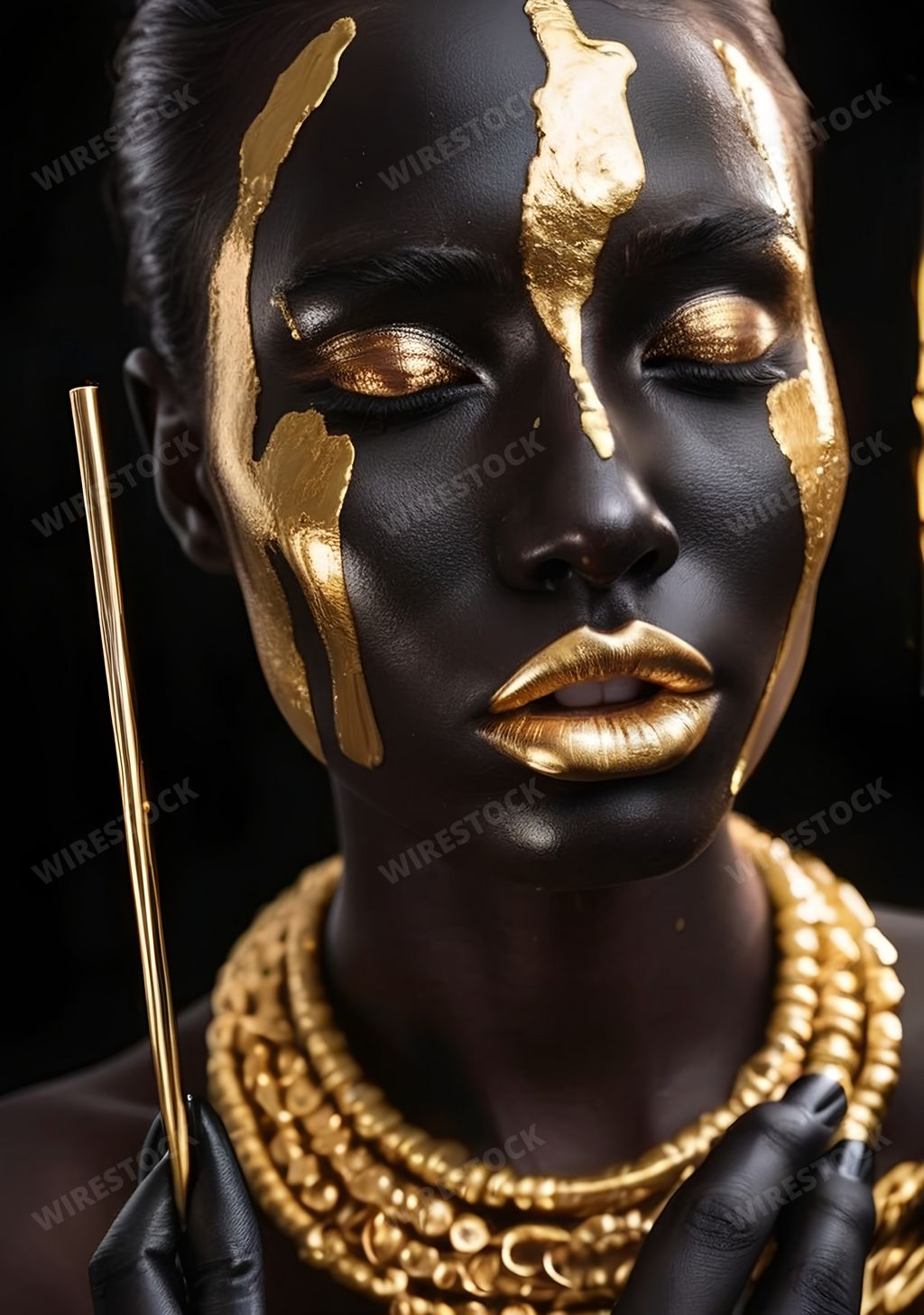 An AI generated illustration of Woman with gold face paint and nails