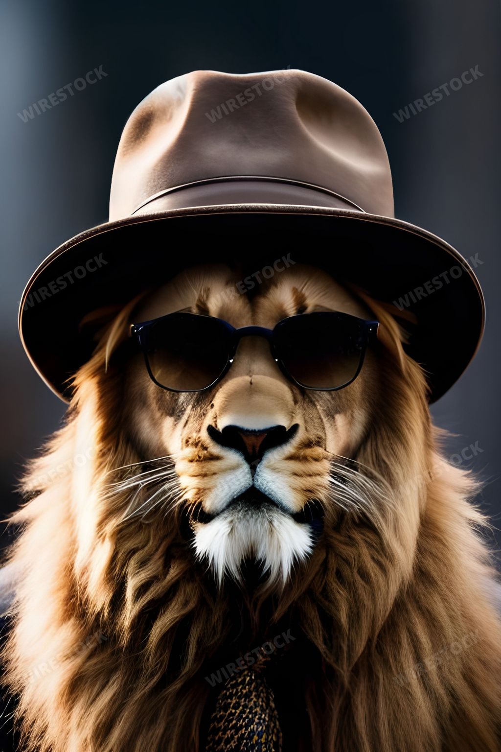 An AI generated illustration of A majestic lion wearing a hat, tie, jacket and sunglasses