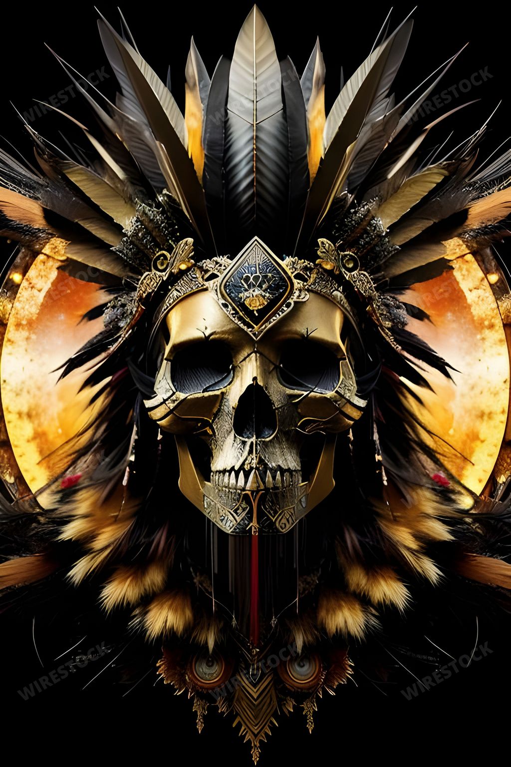 An image of a human skull, wearing an intricately detailed Native American headdress and feathers, set against a contrasting black background