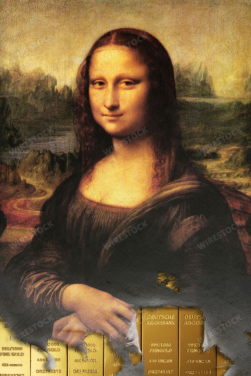 The Mona Lisa portrait of Leonardo da Vinci over German Reichsbank 999 gold