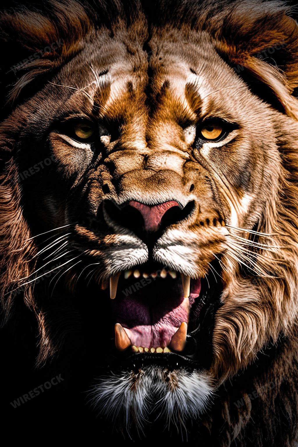 An AI generated illustration of a close-up a lion's head, displaying a fierce expression with its mouth open, showcasing its sharp canines