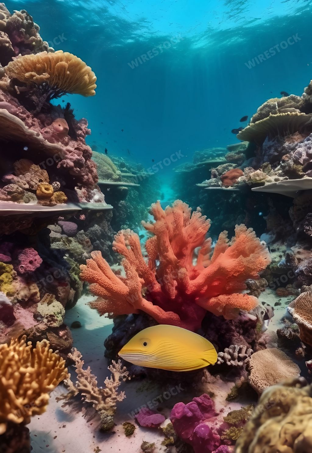 An AI generated illustration of A vibrant yellow fish is swimming through a stunning underwater environment, amongst colorful coral and swaying seaweed