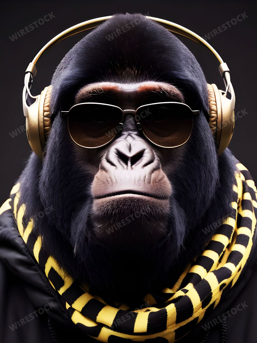 An AI generated illustration of a black gorilla wearing headphones and stylish glasses with a bright yellow scarf around its neck