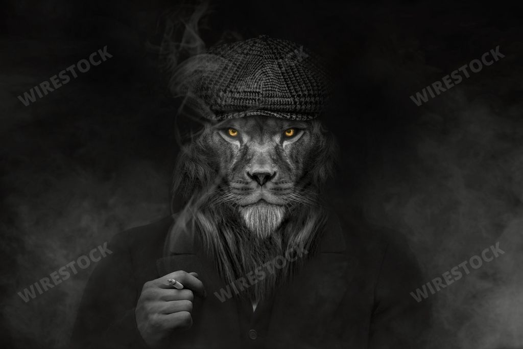 A grayscale portrait of a lion smoking a cigarette wearing a coat