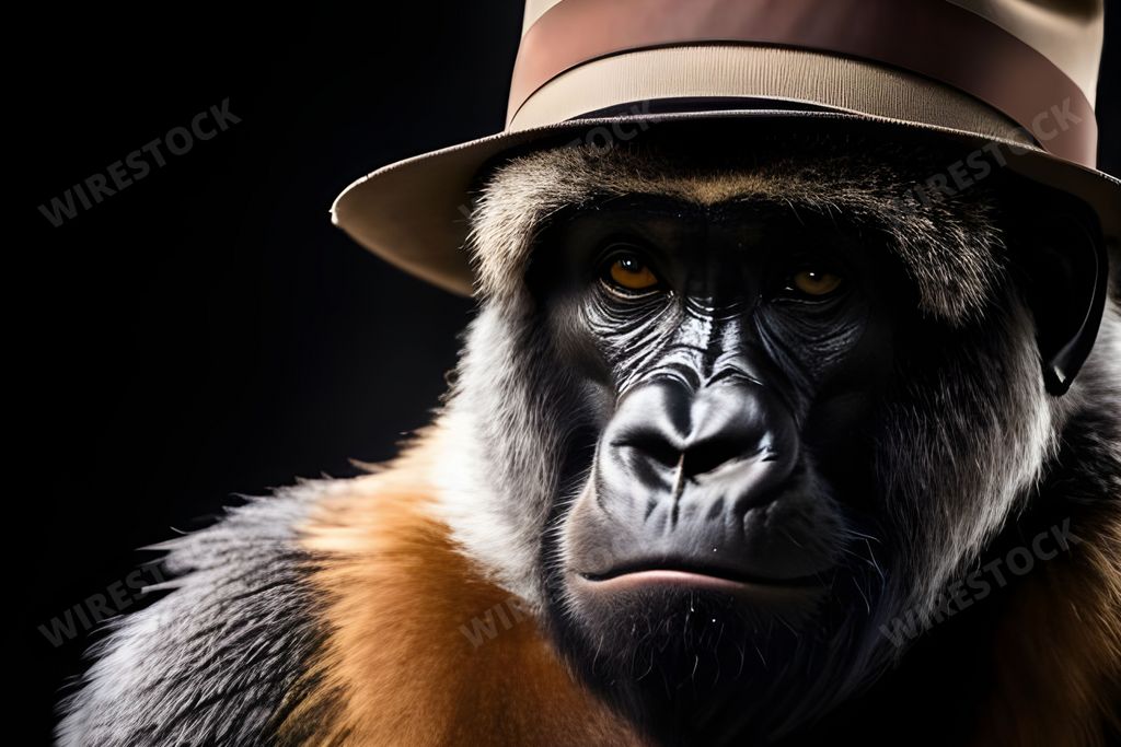 An AI generated illustration of a close-up image of a monkey wearing a hat against a solid black background