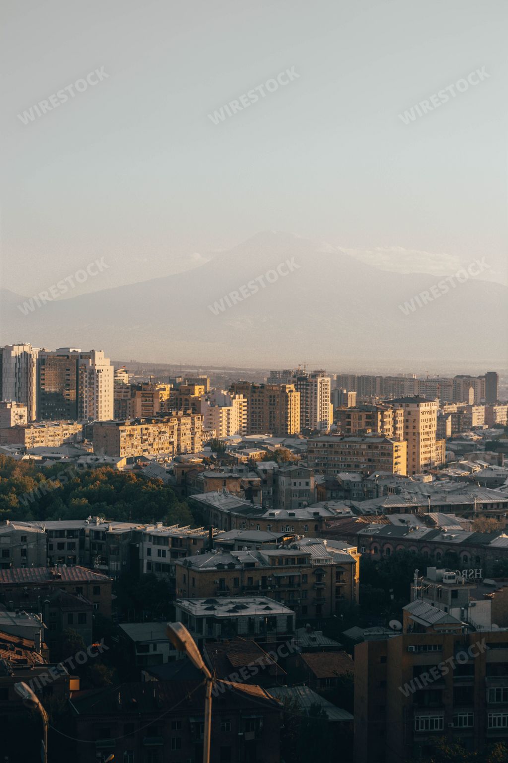A vertical shot of downtown Yerevan cityscape with Mount Ararat in the background