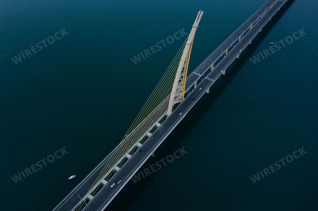 An aerial drone shot of the Sheikh Jaber Al-Ahmad Al-Sabah Causeway bridge in Kuwait