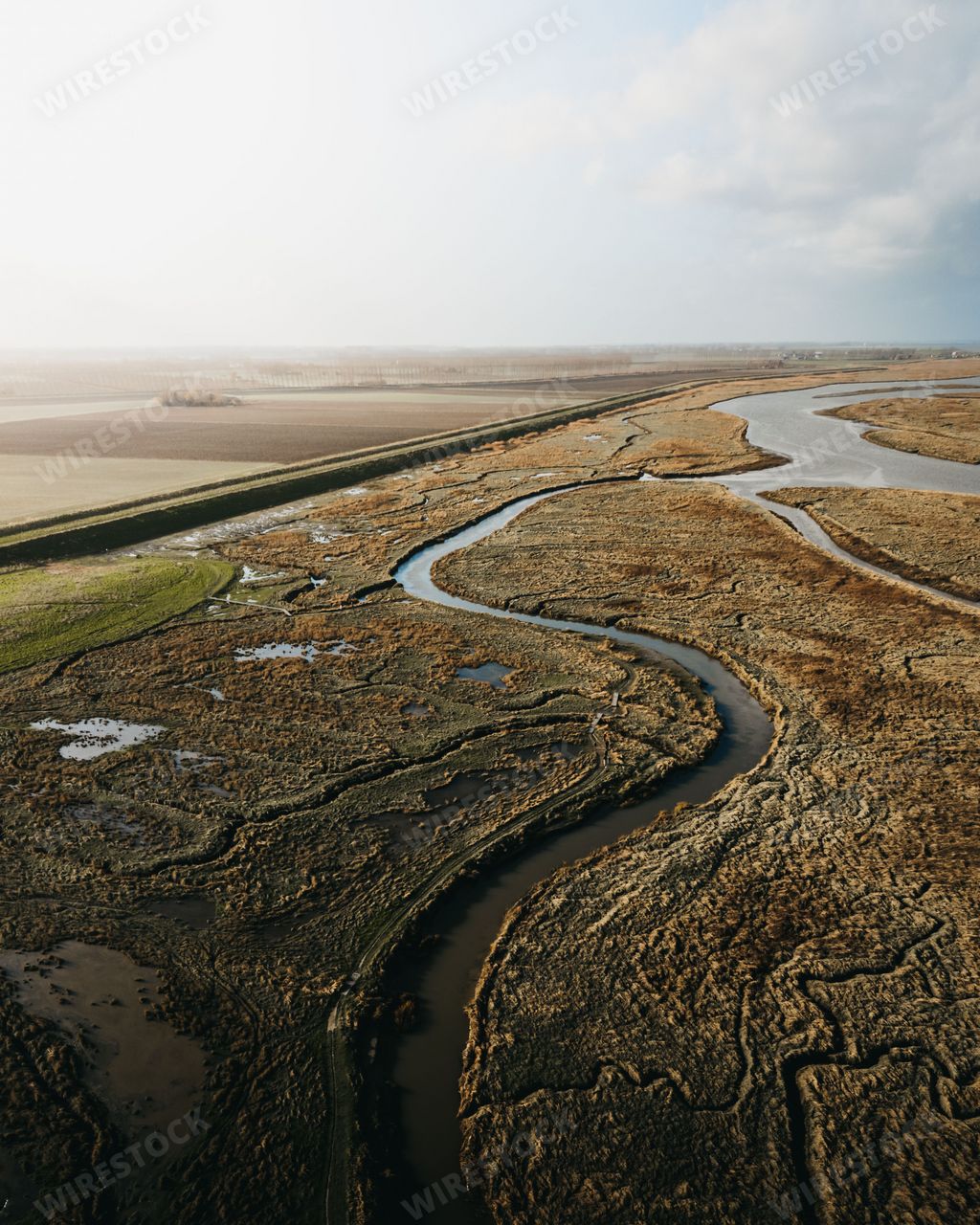 A vertical shot of the curvy river streaming through the agricultural fields