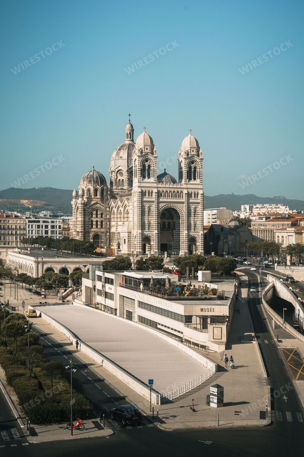 An aerial view of Church La Major in Marseille, France on a sunny day