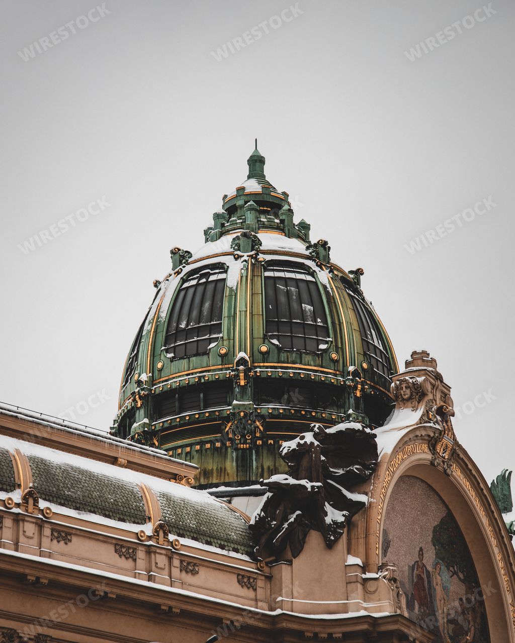 A vertical shot of dome Municipal House in Art Nouveau architecture style, Prague, Czech republic