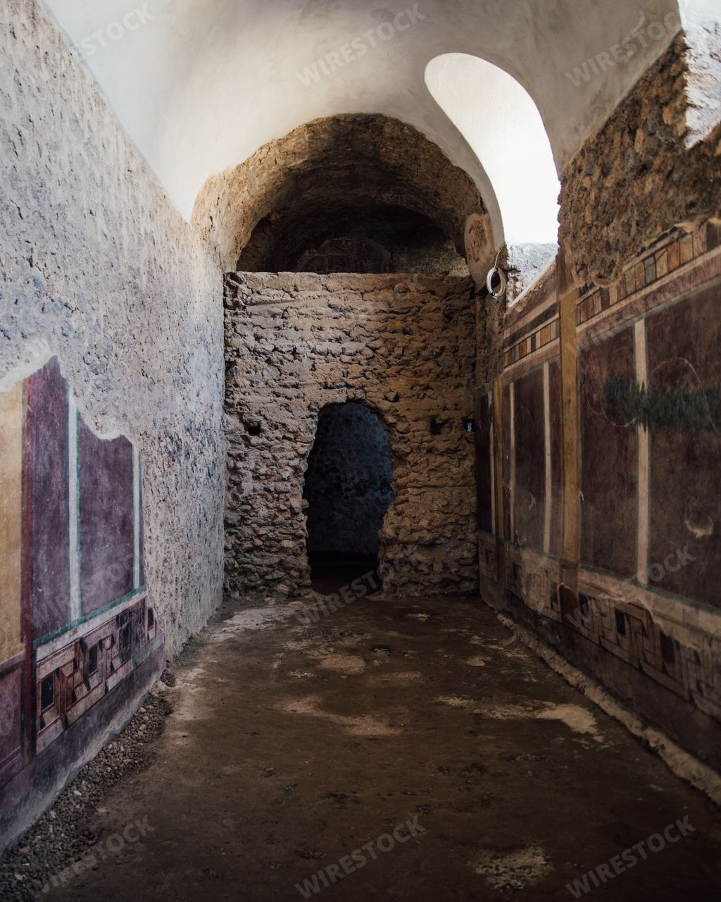 A view of a corridor in an ancient building with worn out walls and arched ceiling