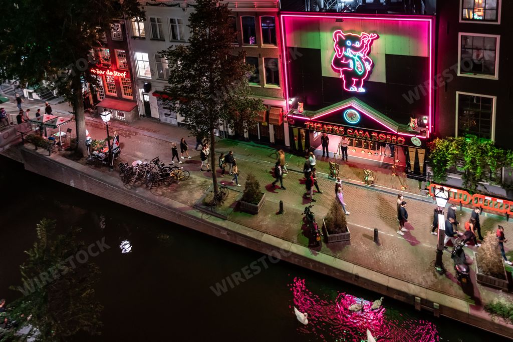 Amsterdam, Netherlands - August 15 2020: An aerial view of the famous Amsterdam sex club and erotic theatre Casa Rosso in the red light district.