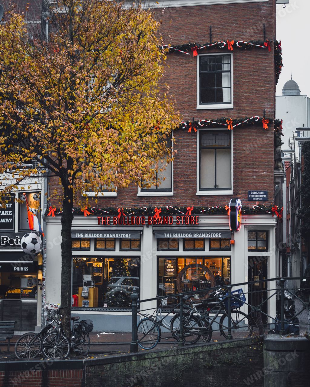Amsterdam, Netherlands - November 27 2022: The Bulldog Brand store in Amsterdam, picture taken from across the canal on a grey autumn day.