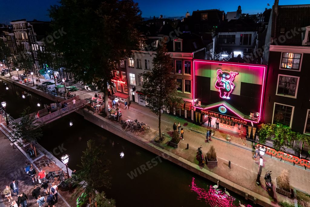An aerial view of the famous Amsterdam sex club and erotic theatre Casa Rosso in the red light district.