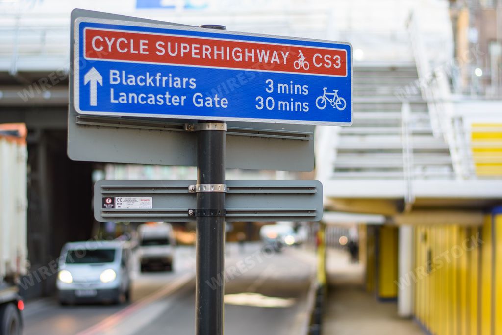 A road sign in central London directs cyclists along the CS3 cycle super highway towards Blackfriars and Lancaster Gate.