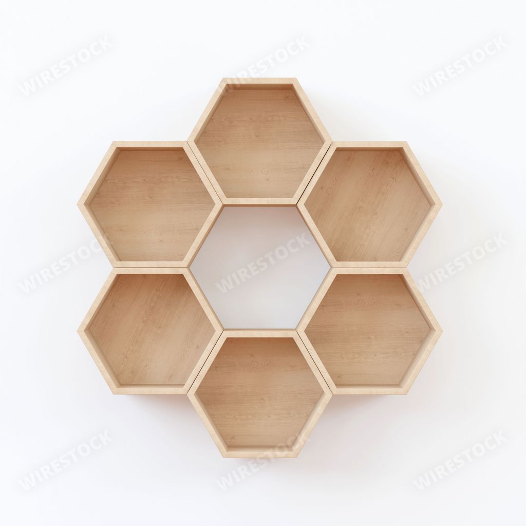 A 3D rendering of wooden hexagon shelves isolated on a white background