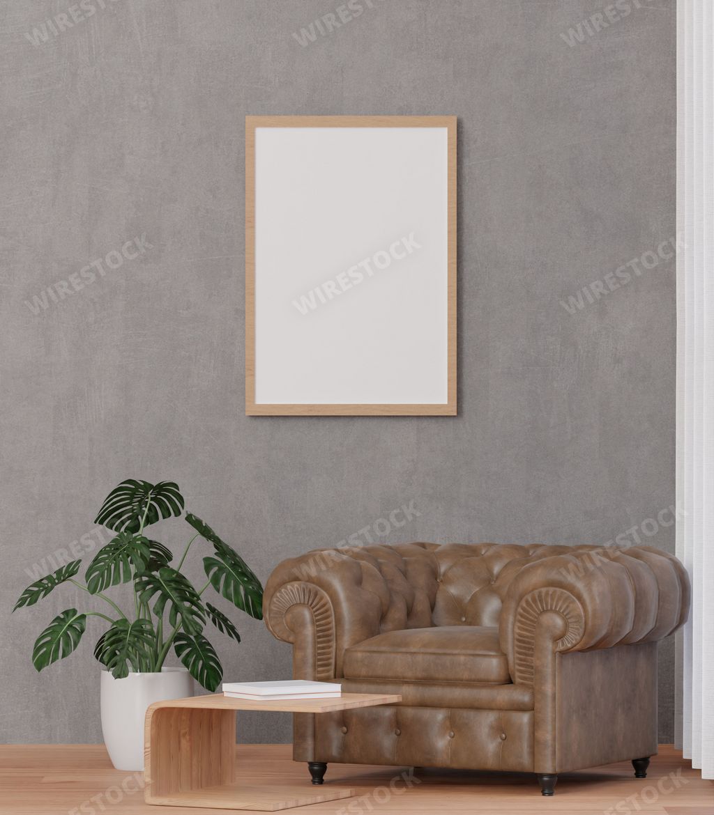 A 3D rendering of a loft style Living room and concrete wall with a sofa and a mock up frame